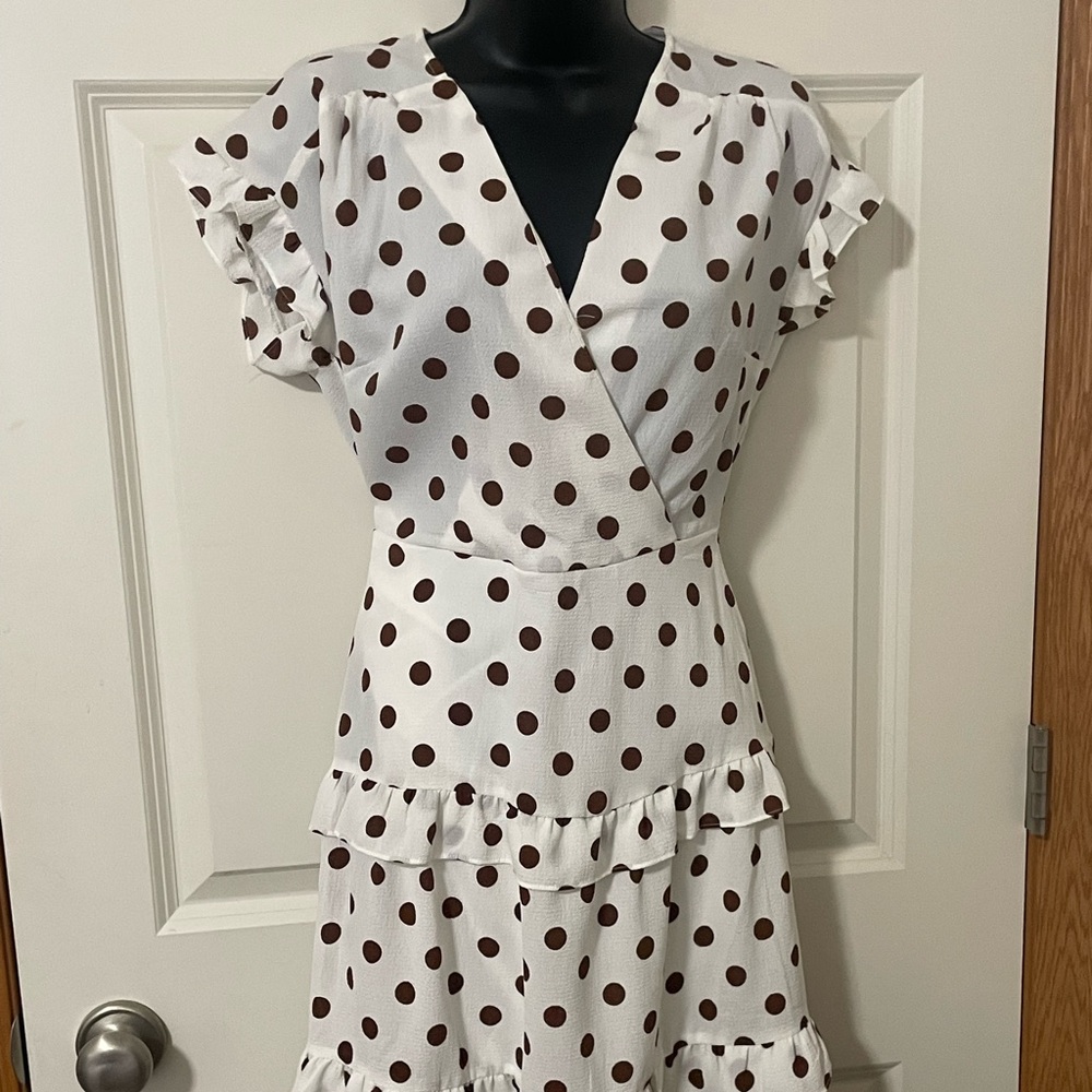White Polka Dot Wrap Midi Dress in Brown